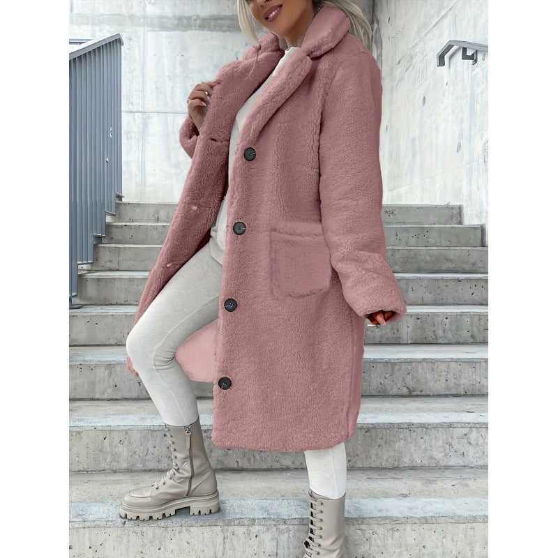 Damen Kuscheliger Fleece-Mantel mit Taschen und Knopfverschluss EB