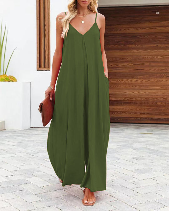 Damen Maxi-Jumpsuit mit elegantem V-Ausschnitt und seitlichen Taschen EB