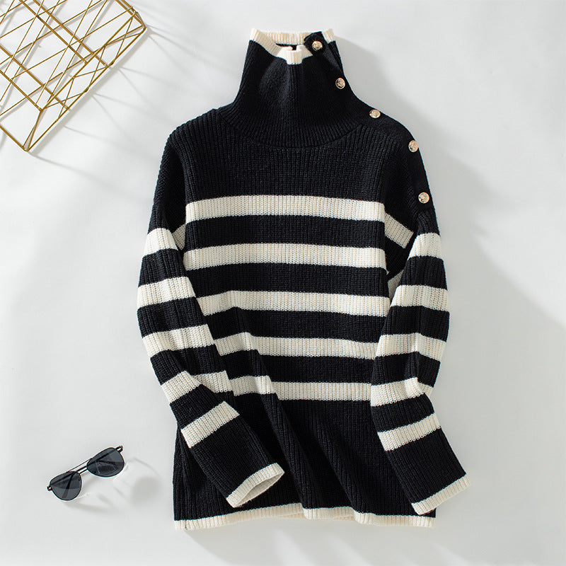 Damen Rollkragenpullover mit Knopfdetails und Streifendesign EB