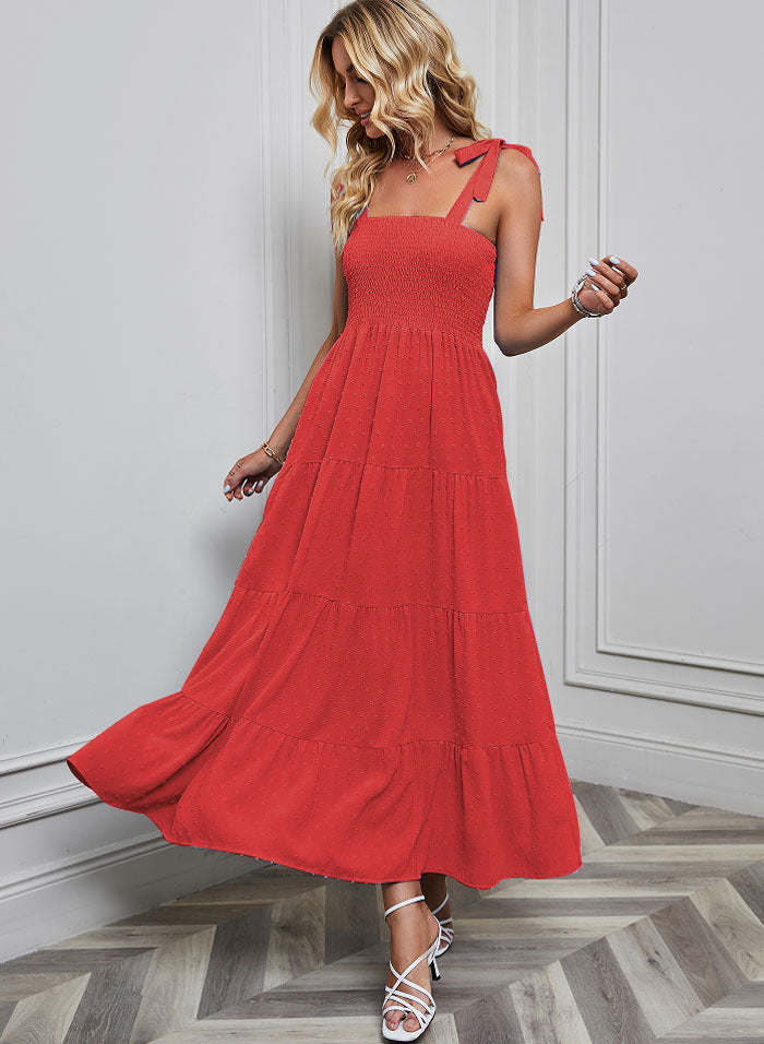Damen Maxikleid im festlichen Boho-Stil mit schmalen Trägern und elastischem Oberteil EB