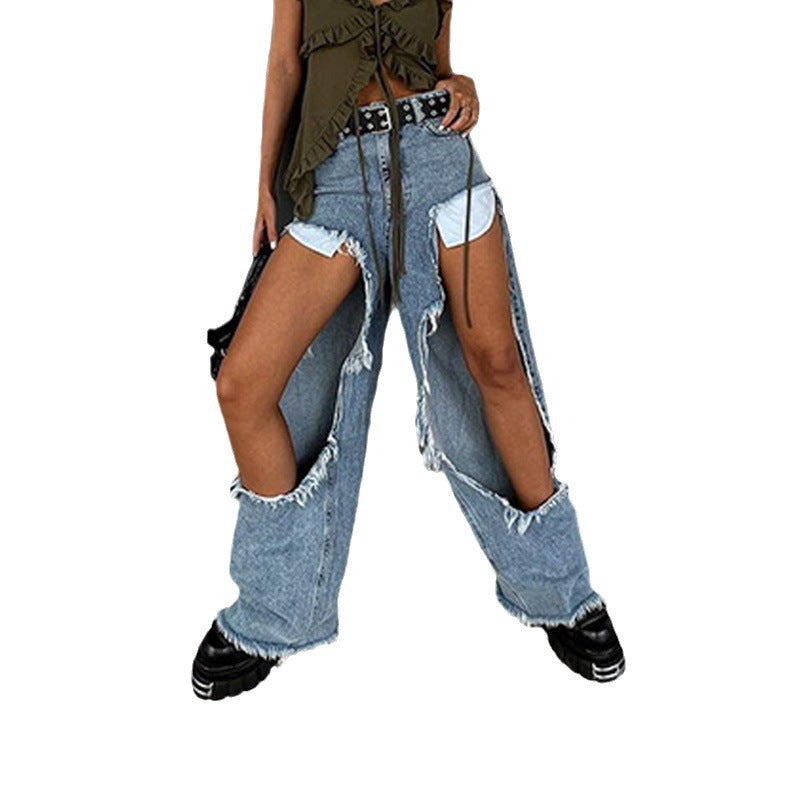 Damen stylisches geschnittenes Denim-Hosen-Set mit asymmetrischen Details EB