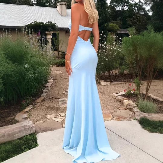 Damen Elegantes Langarm-Maxikleid mit schulterfreiem Design und fließendem Stoff EB