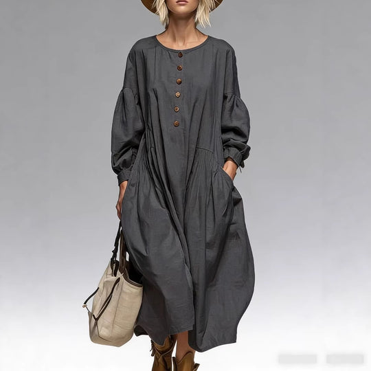 Damen Lässiges Midi-Kleid mit Knopfleiste, Ballonärmeln und Eingrifftaschen EB