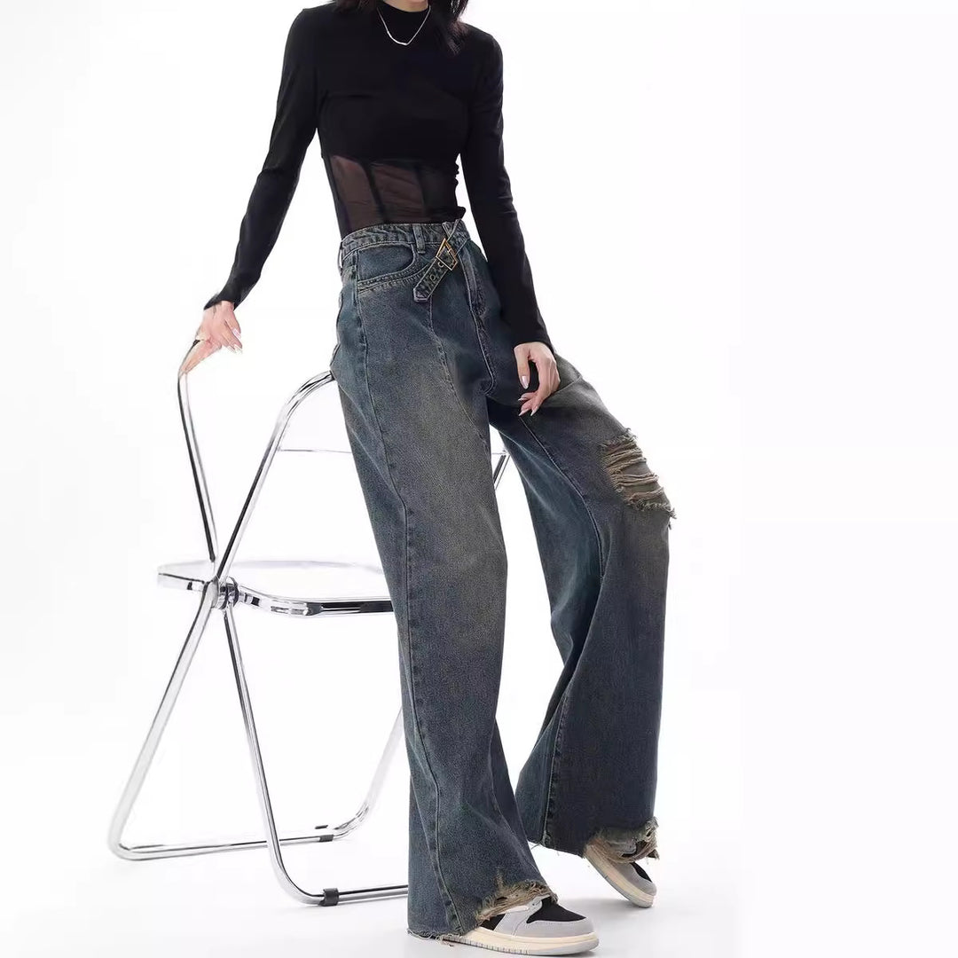 Damen Weite High-Waist Jeans im lässigen Used-Look mit modischen Rissen EB