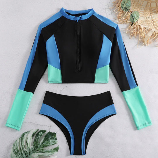 Damen Sportliches Langarm-Bikini-Set mit Zip und modischen Kontrastdetails EB