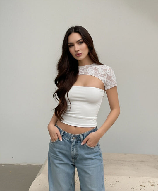 Damen Crop-Top mit Spitzenärmel und figurbetontem Schnitt EB