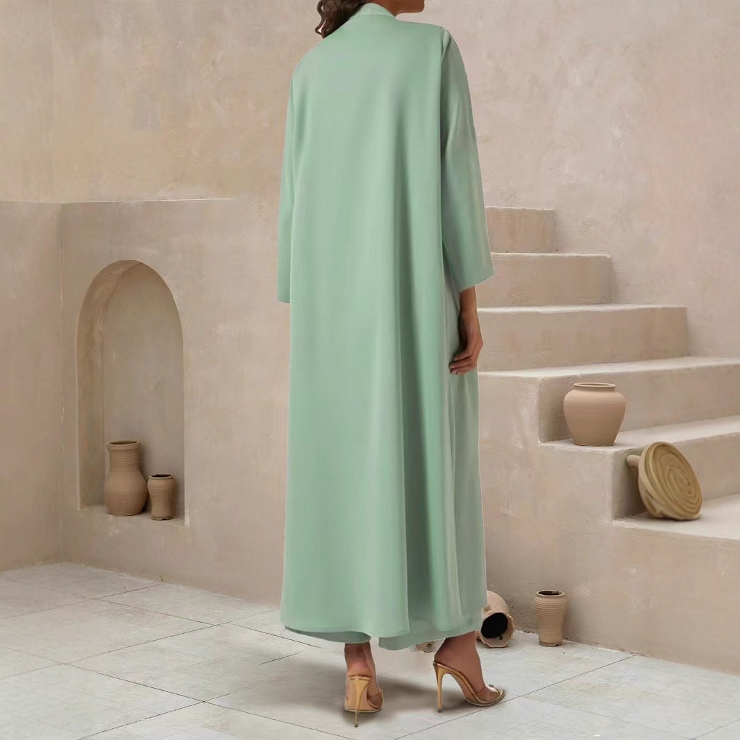 Damen Fließender Maxi-Kaftan-Mantel mit offenem Vorderteil und minimalistischem Stehkragen EB