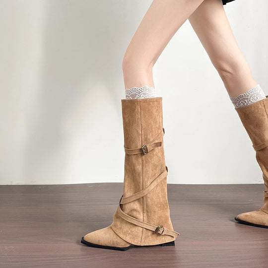 Damen modische hohe Stiefel mit doppeltem Schnallenverschluss und raffiniertem Design EB