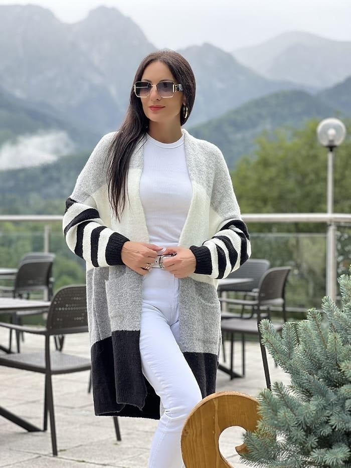 Damen lässiger Strickcardigan mit modischem Blockstreifenmuster und weitem Schnitt EB