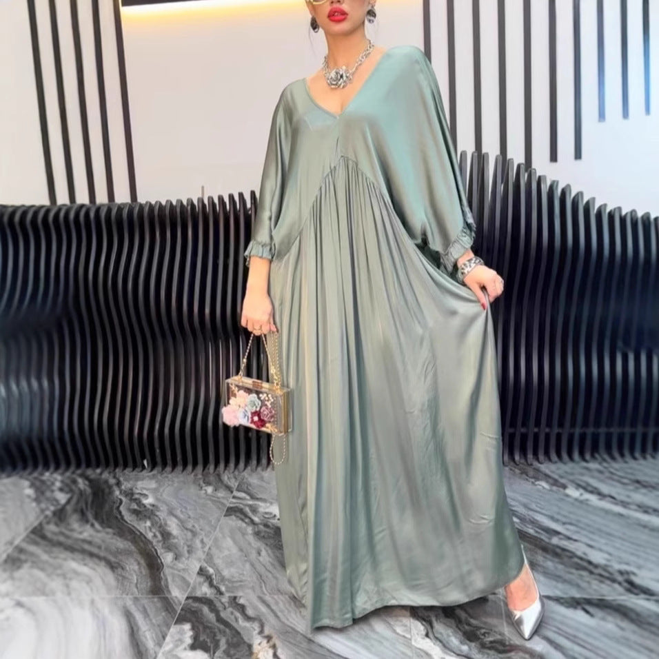 Damen Maxi-Kleid mit weit geschnittenem Design und elegantem V-Ausschnitt EB