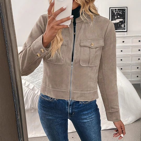 Damen modische Kurzjacke aus hochwertigem Kunstleder mit praktischen Taschen EB