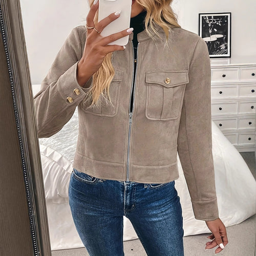 Damen modische Kurzjacke aus hochwertigem Kunstleder mit praktischen Taschen EB