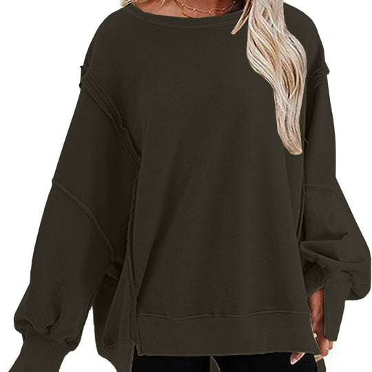 Damen lässiger Sweatshirt mit Ballonärmeln und seitlichen Schlitzen EB
