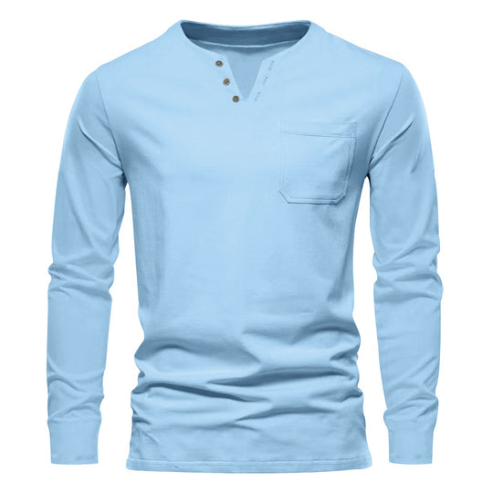 Herren nan modernes Henley-Langarmshirt mit asymmetrischer Knopfleiste und Brusttasche EB