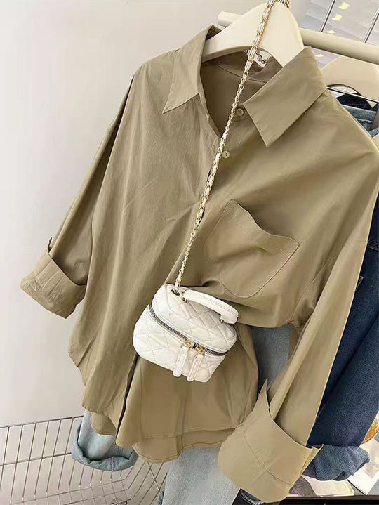 Damen nan oversized Hemdbluse mit Brusttasche, umgeschlagenen Ärmeln und relaxed Fit EB