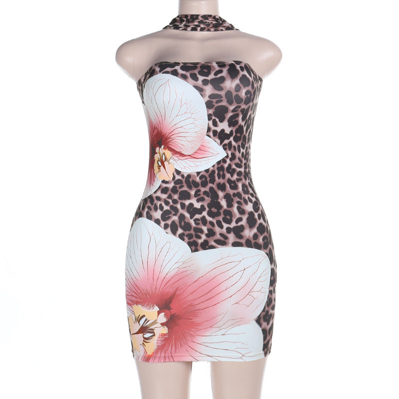 Damen figurbetontes Minikleid mit floralem Leopardenmuster und schulterfreiem Design EB