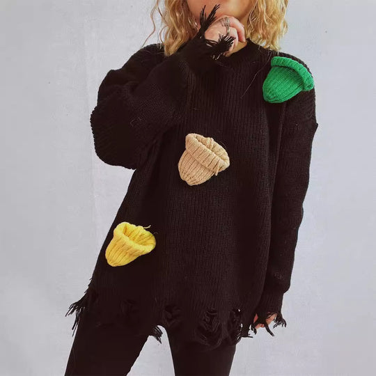 Damen lässiger Oversize-Pullover mit fransigen Details und bunten Applikationen EB