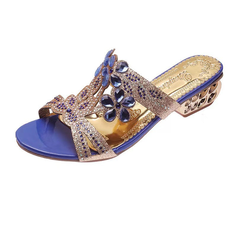 Damen elegante Riemchen-Sandaletten mit funkelnden Steinchen und kunstvollem Blumendesign EB