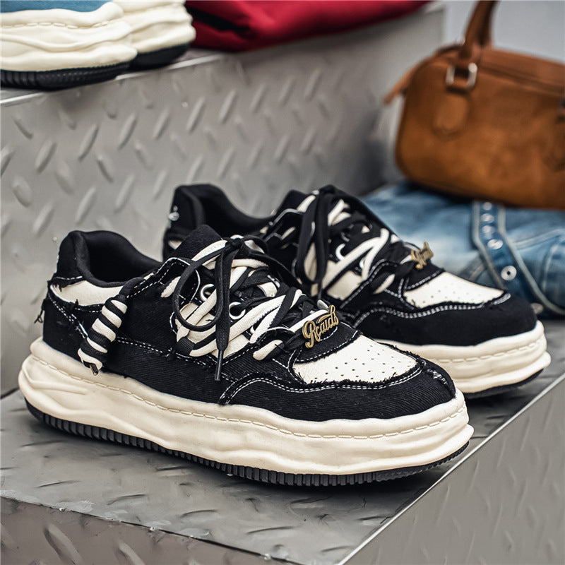 Damen denim-Plateau-Sneaker mit kontrastnähten, wattierter Wellenlaufsohle und verzierten Schnürdetails EB
