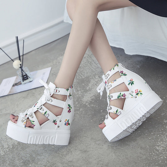 Damen Wedge-Sandaletten mit modischem Floral-Design und elastischen Riemen EB