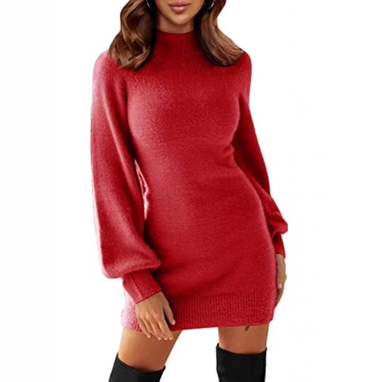 Damen Tailliertes Teddy-Strick-Minikleid mit Stehkragen und Ballonärmeln EB