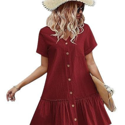 Damen lässiges Hemdblusenkleid mit Knopfdetail und ausgestelltem Rock EB