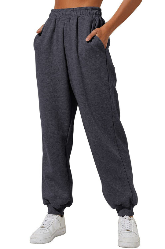 Damen nan weite High‑Waist Jogginghose mit soften Bügelfalten, elastischem Komfortbund und gerippten Knöchelbündchen EB
