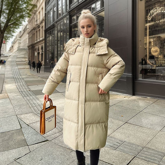 Damen langärmliger Puffer-Mantel mit isolierender Fütterung und verstellbarer Kapuze EB