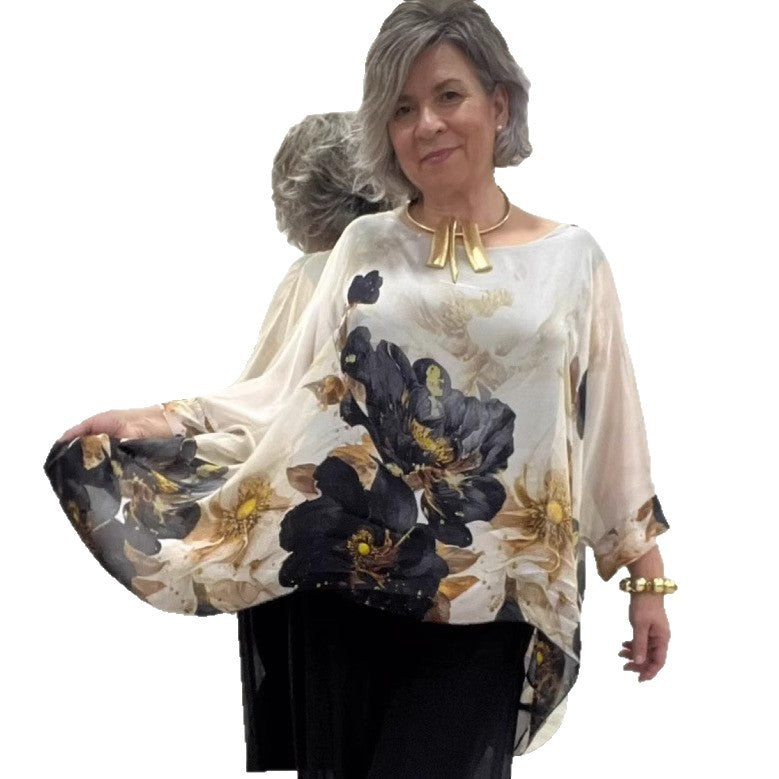 Damen nan luftige Chiffon-Tunika mit Fledermausärmeln asymmetrischem Saum und floralem Druck EB