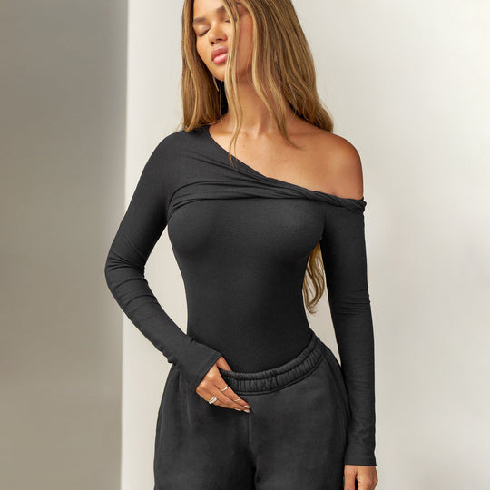 Damen nan asymmetrisches Rippenlangarmshirt mit Ein-Schulter-Design und dekorativer Knotenraffung EB