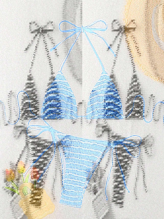 Damen Triangel-Bikini mit feinem Streifenmuster und raffinierten Bindebändern EB