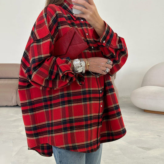 Damen karierte Hemdbluse im lässigen Oversize-Stil EB