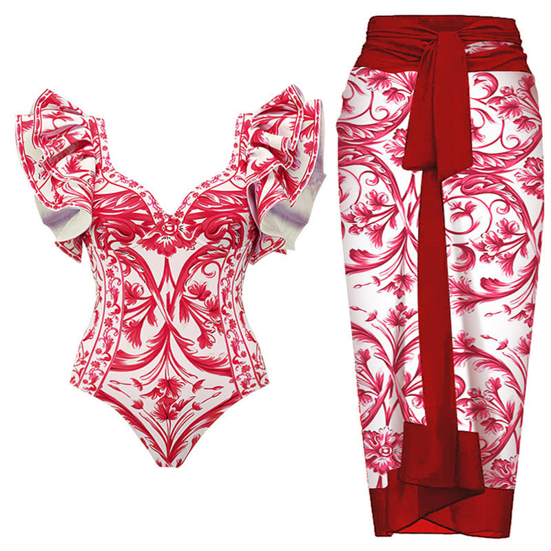 Damen Badeanzug mit Rüschendetails und floralem Rock EB