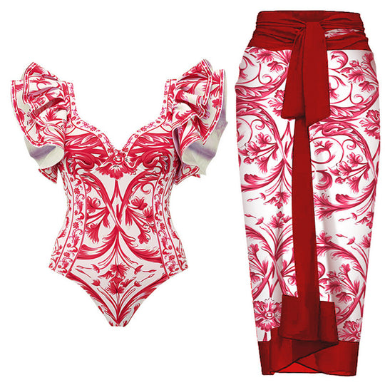 Damen Badeanzug mit Rüschendetails und floralem Rock EB