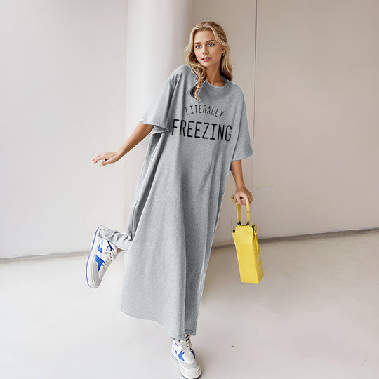 Damen nan lässiges Oversize Maxi-T-Shirt-Kleid mit Rundhals und Statement-Print EB