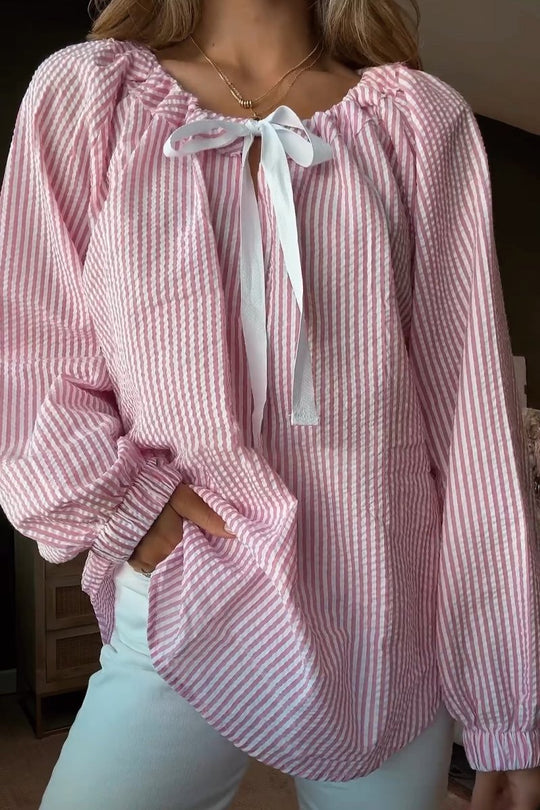 Damen Bluse mit elastischem Ausschnitt und Schleifenbindung EB