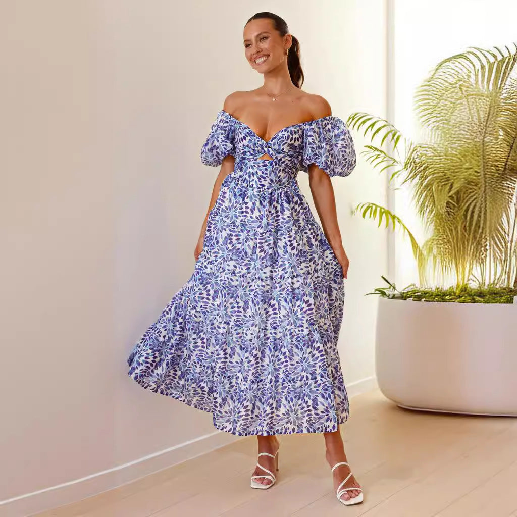 Damen Maxikleid mit voluminösen Puffärmeln und floralem Muster EB