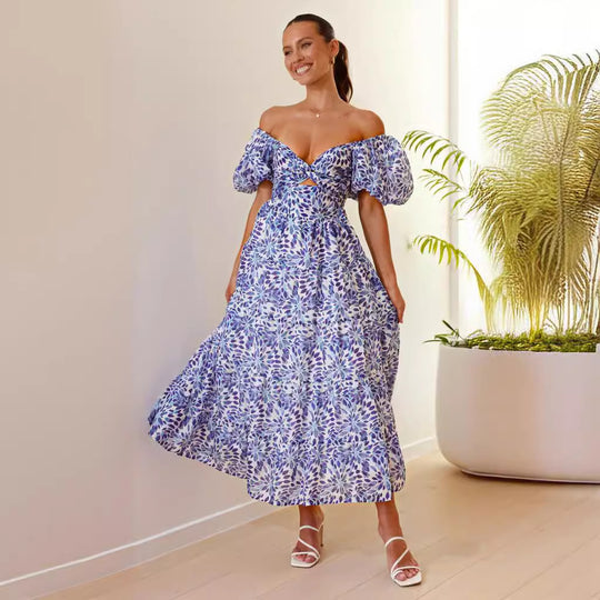 Damen Maxikleid mit voluminösen Puffärmeln und floralem Muster EB