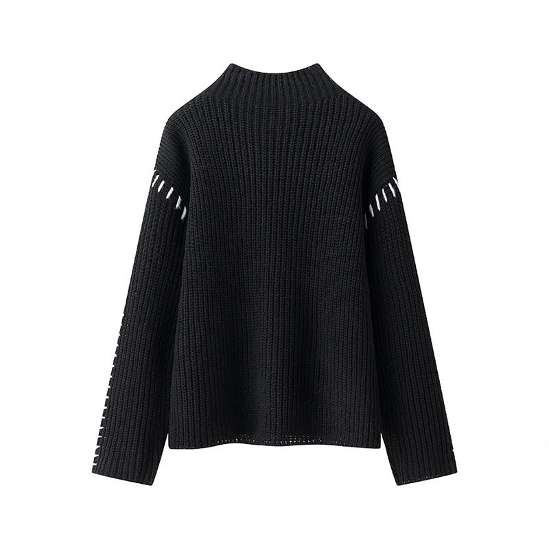 Damen Grobstrickpullover mit hohem Kragen und dekorativen Details EB