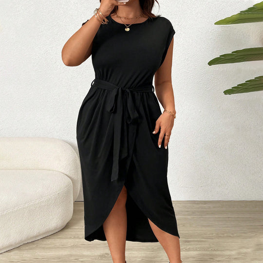 Damen Wickelkleid mit Taillengürtel und elegantem Schlitz EB