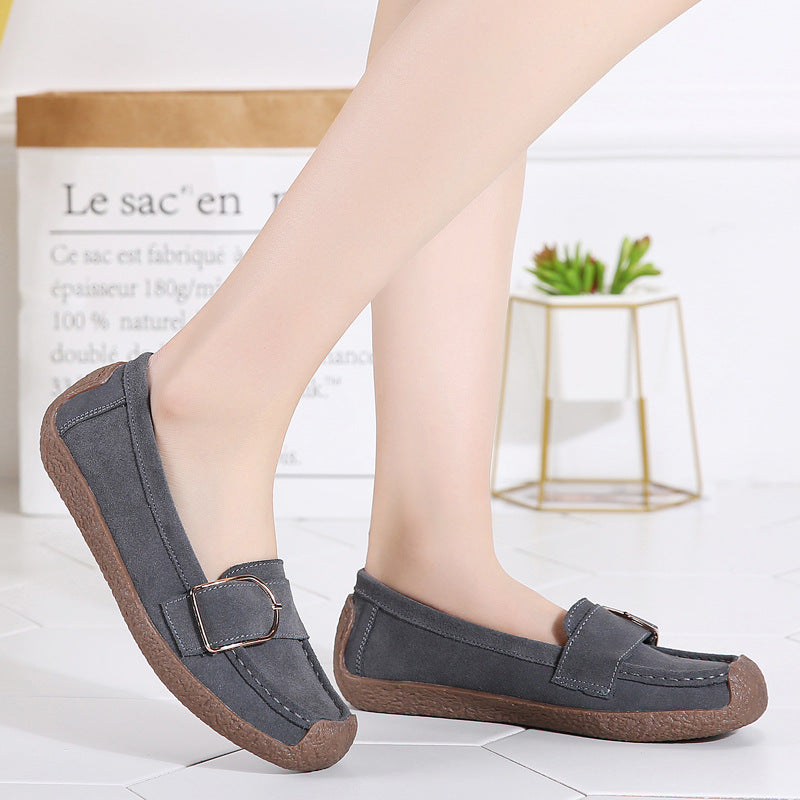 Damen nan Mokassin-Slipper aus Veloursleder mit dekorativer Metallschnalle, gepolstertem Fußbett und rutschfester Gummilaufsohle EB