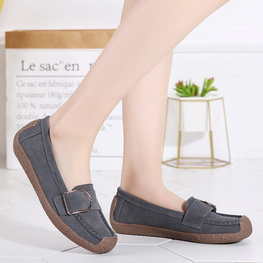 Damen nan Mokassin-Slipper aus Veloursleder mit dekorativer Metallschnalle, gepolstertem Fußbett und rutschfester Gummilaufsohle EB