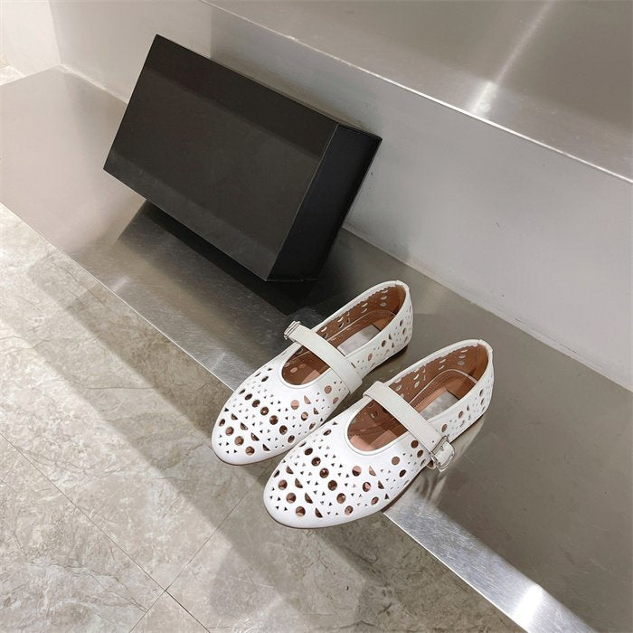 Damen elegante Ballerinas im modischen Lochdesign mit verstellbarem Riemen EB