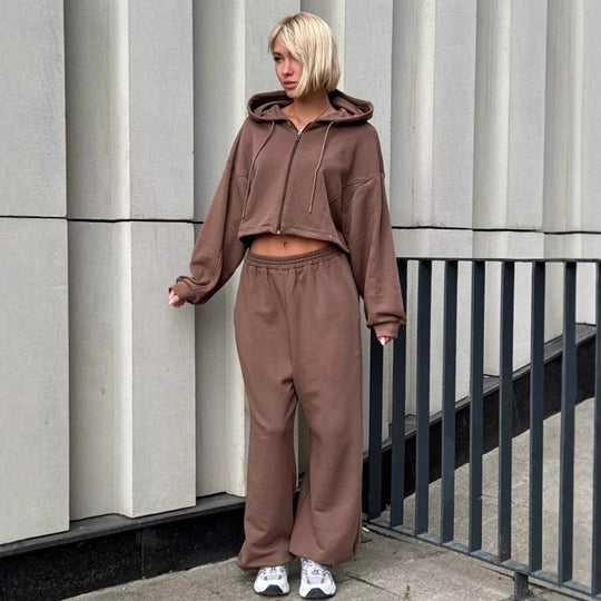 Damen nan kurz geschnittenes Zip-Hoodie und Highwaist Sweathose Lounge-Set mit Kapuze EB