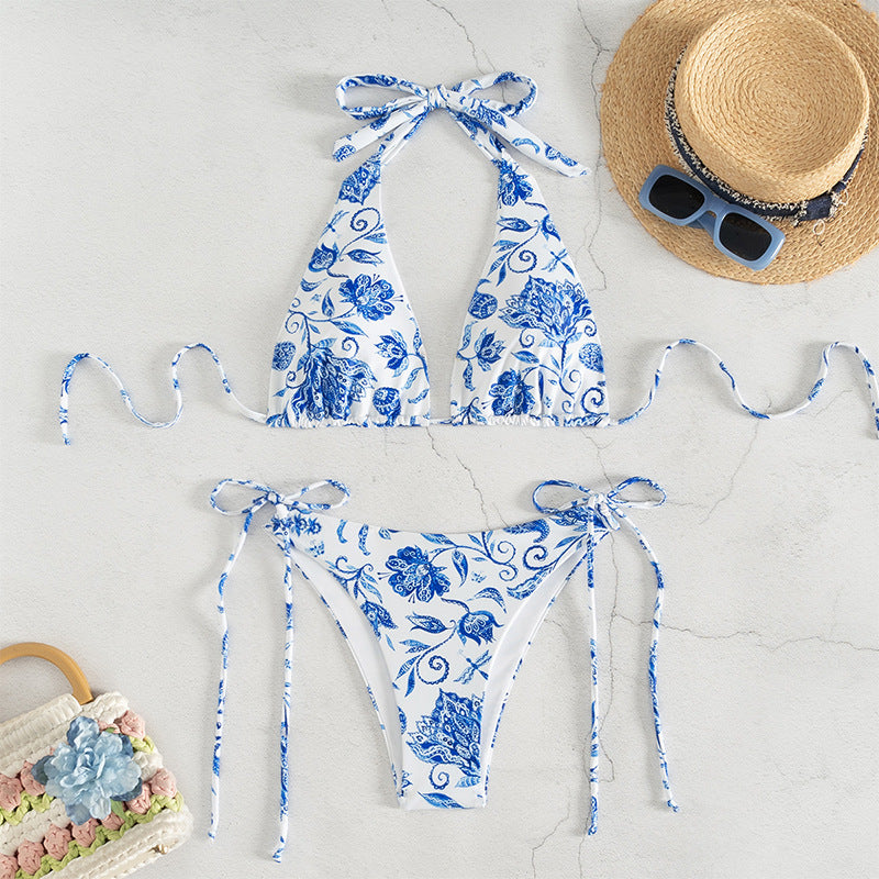 Damen Triangel-Bikini-Set mit verspieltem floralem Design und eleganten Bindebändern EB