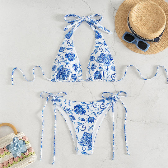 Damen Triangel-Bikini-Set mit verspieltem floralem Design und eleganten Bindebändern EB