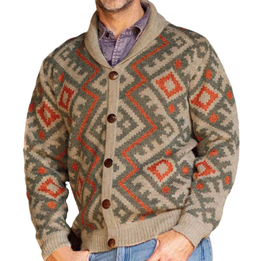 Herren Strickjacke mit traditionellem geometrischen Muster und warmem Schalkragen EB