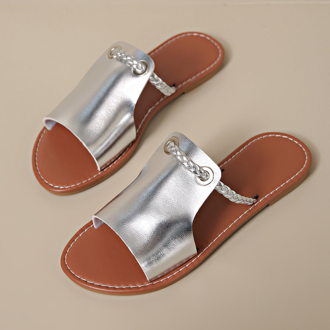 Damen Flache Sandalen mit geflochtenem Riemen und glänzender Oberfläche EB