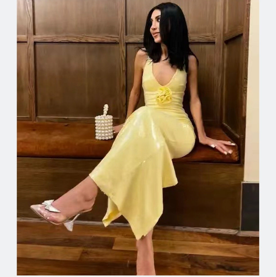 Damen Schimmerndes Abendkleid mit Blumenapplikation und Figurbetontem Schnitt EB