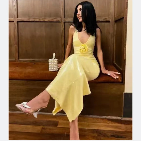Damen Schimmerndes Abendkleid mit Blumenapplikation und Figurbetontem Schnitt EB